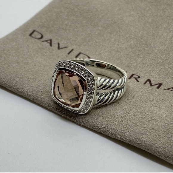 David Yurman Sterling Silver Albion Ring 11mm Morganite and Diamonds Size 8